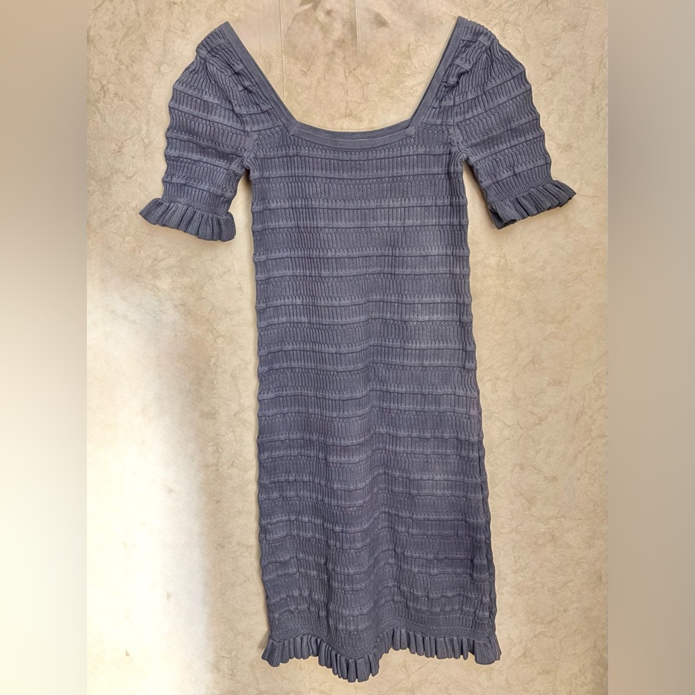 Adam Lippes Collective Smocked Ruffle Dress -Grey- Short Sleeve-Past Knee-Medium